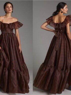 Selkie (anthropolgy) Off-Shoulder Brown Ruffled Maxi Dress